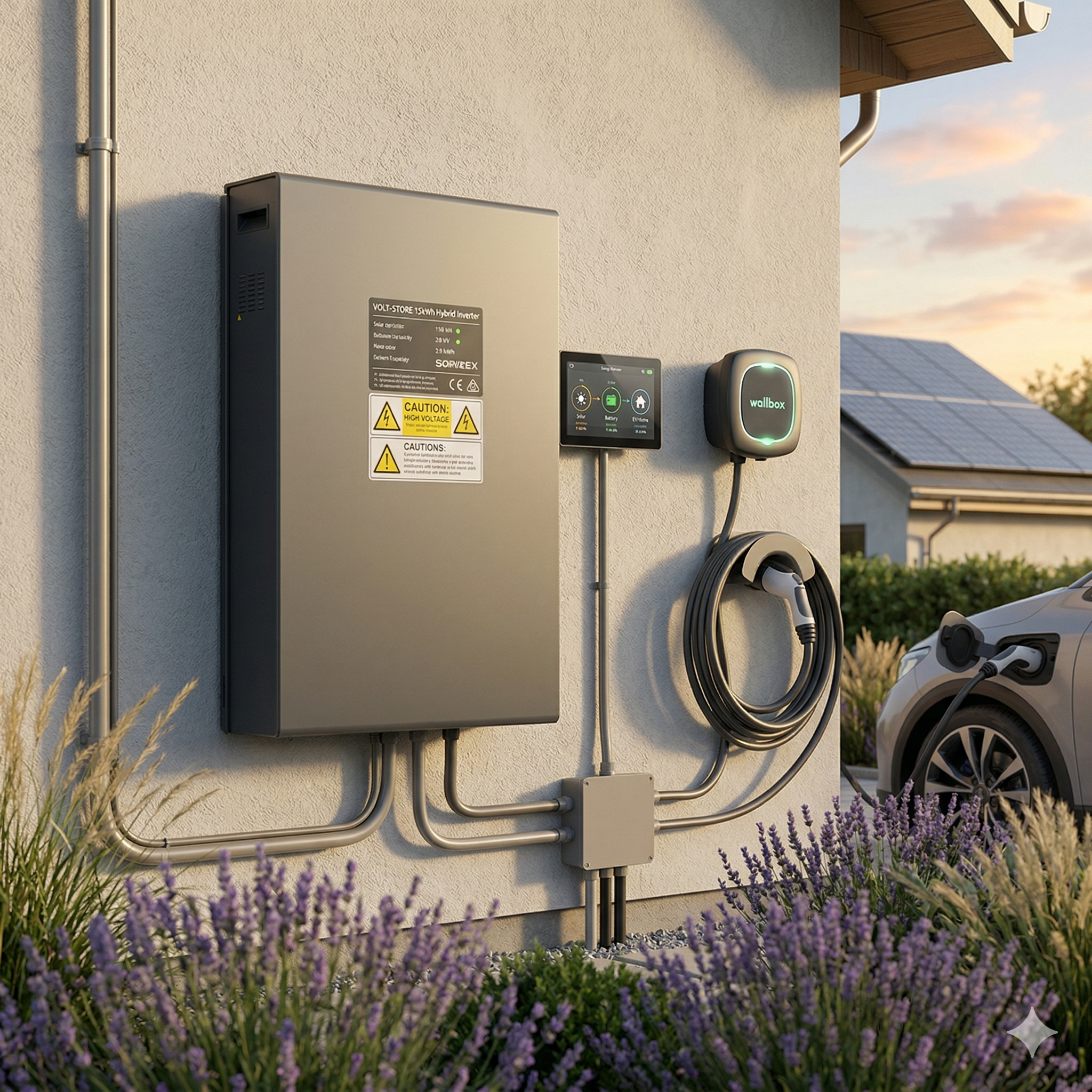 Maison moderne en Suisse équipée de panneaux solaires et d'une batterie de stockage